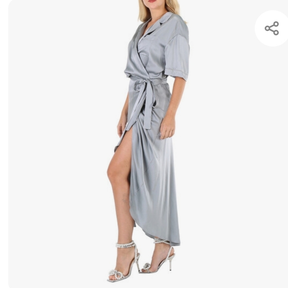 Burberry NEW Emily Mineral Blue 100% SILK Satin Tie Waist Shirt Dress Size 10 - Picture 3 of 16